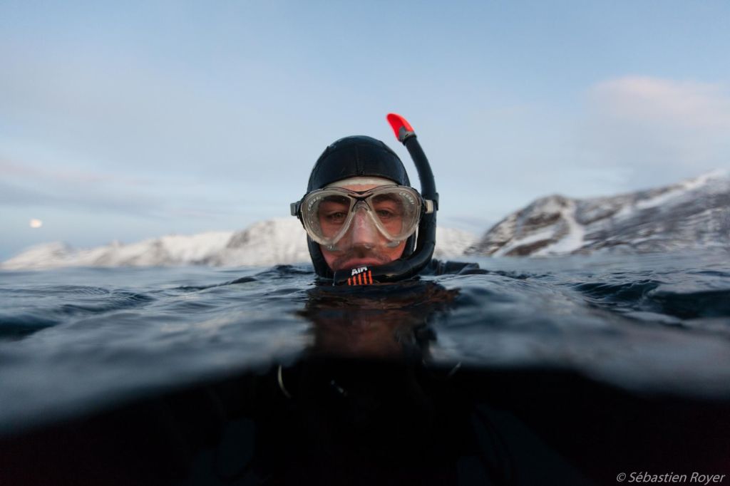 Apnéiste en surface avec masque et tuba dans un fjord de Norvége